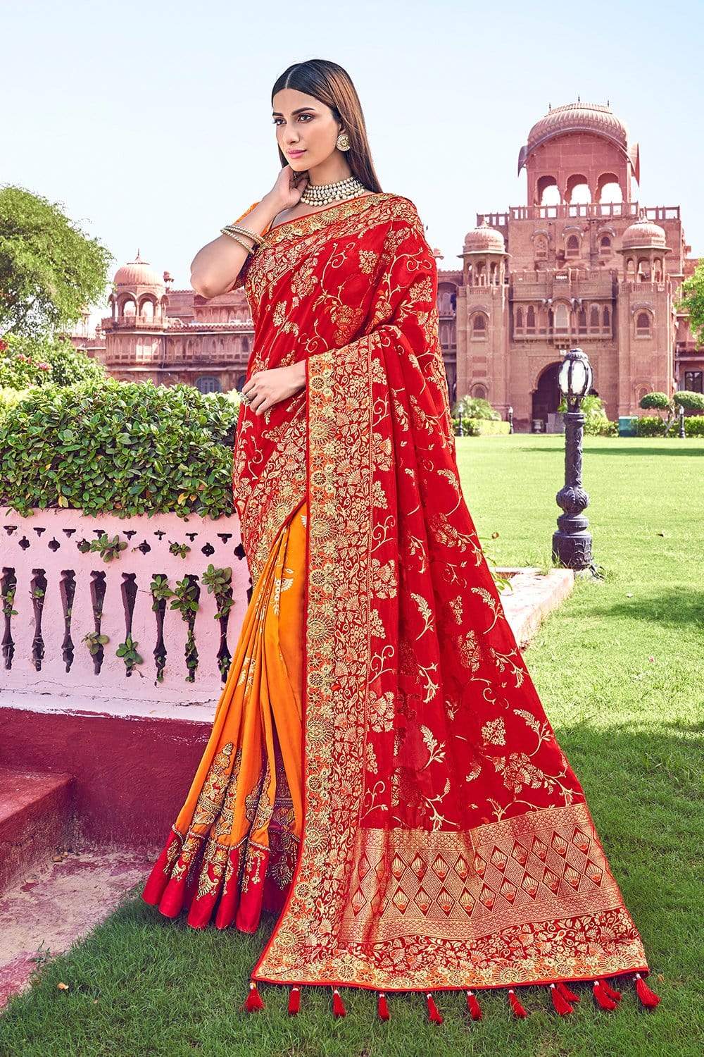 designer banarasi saree kumkum red and orange woven designer banarasi saree with embroidered silk blouse silk saree online 14856033370215